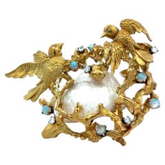 18K YG Pin Brooch with 0.32 Carat Round G VS Diamonds 3.00-3.7mm Opal & Pearls