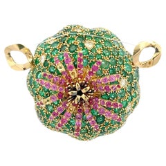 18K YG Pin Brooch with 1.3ct Round Diamonds 1.3ct Sapphire and 7.5ct Emerald