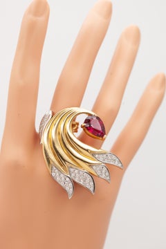 18K YG Platinum Diamond Rubellite Feather Huge Cocktail Ring