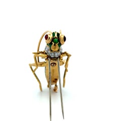 18K YG Platinum Grasshopper Pin Brooch with 1ct Round Diamonds and 0.25ct Rubies