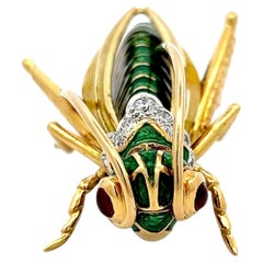 18K YG Platinum Grasshopper Pin Brooch with 1ct Round Diamonds and 0.25ct Rubies