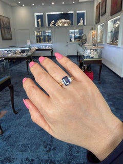 18K YG Ring by Stephen Dweck with an Emerald Cut Ceylon Sapphire and Diamonds.