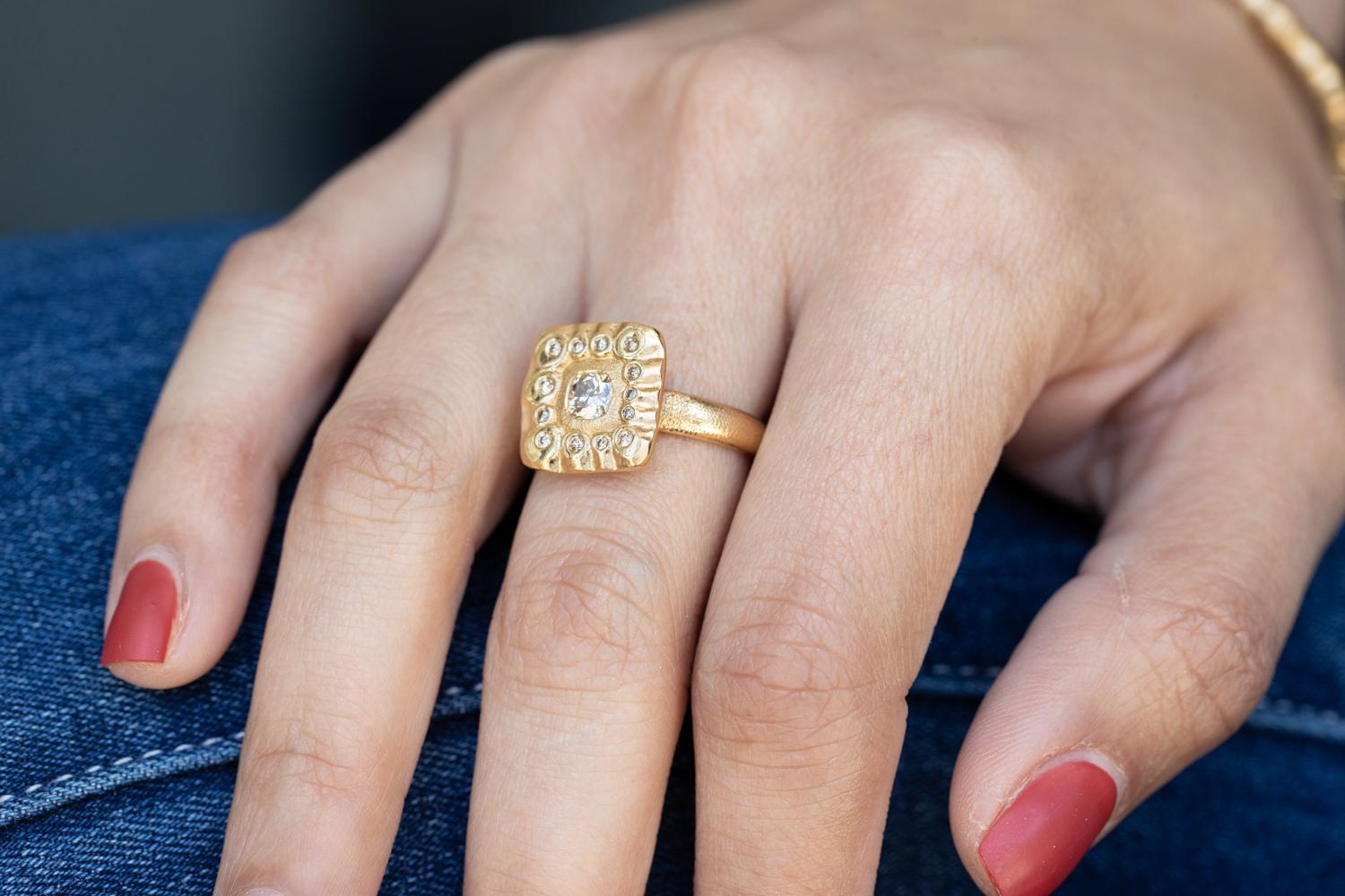 Modern 18K YG Ring with Round Brown Diamond and Brown Diamond Accents by Audrius Krulis For Sale