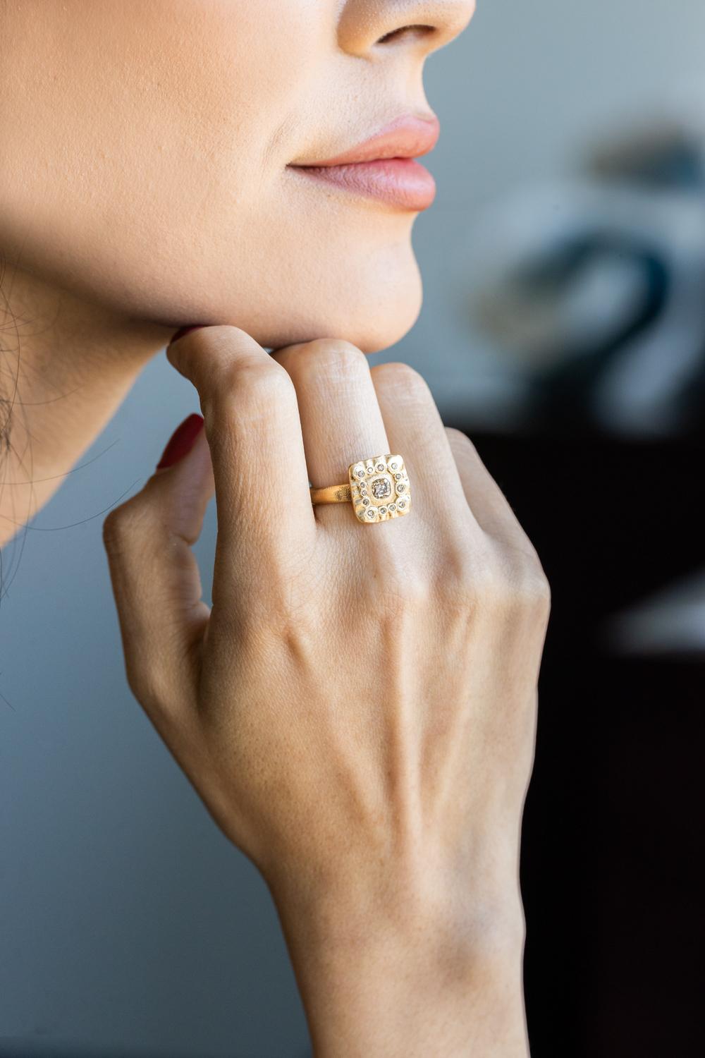 Round Cut 18K YG Ring with Round Brown Diamond and Brown Diamond Accents by Audrius Krulis For Sale