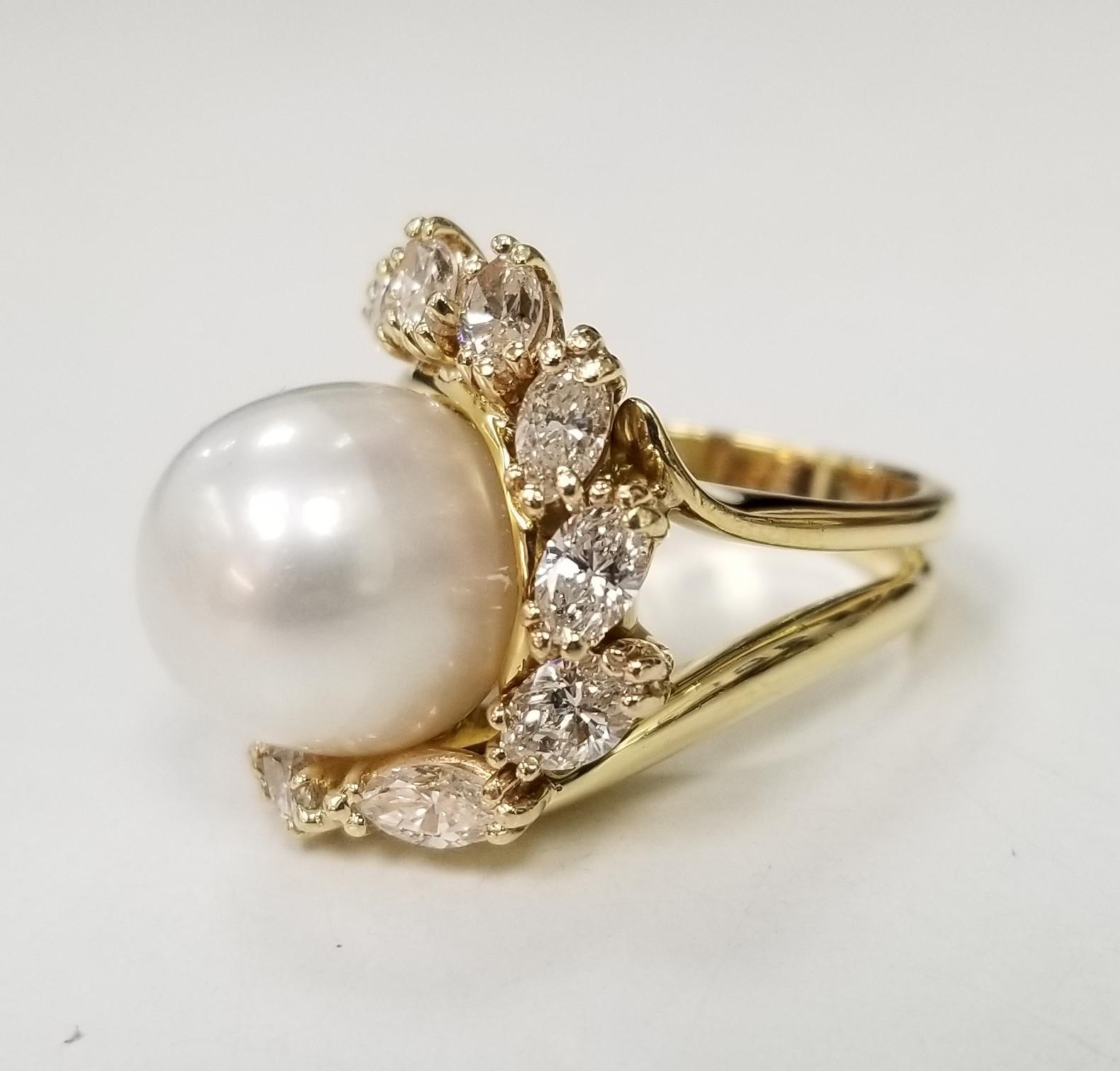 Contemporary 18k Yg South Sea Pearl with Marquise Diamonds, Ring by George Hoffman For Sale