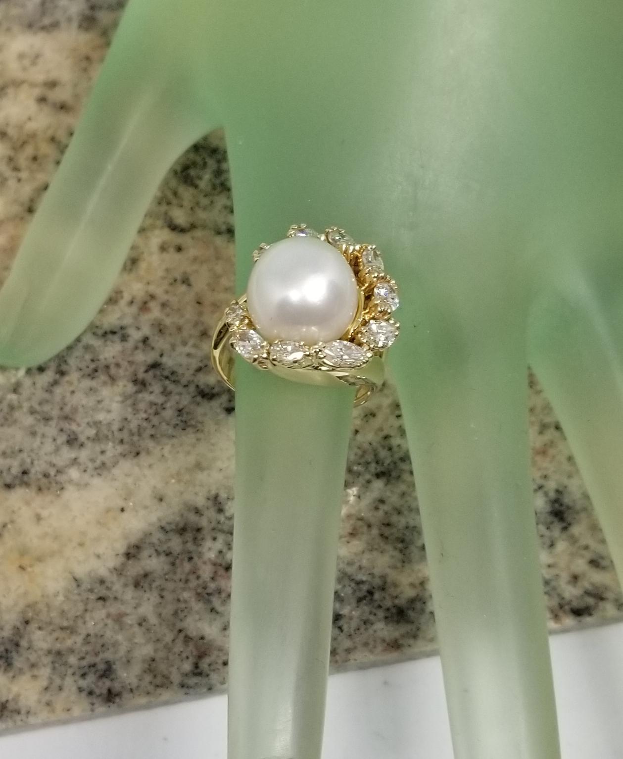 Women's or Men's 18k Yg South Sea Pearl with Marquise Diamonds, Ring by George Hoffman