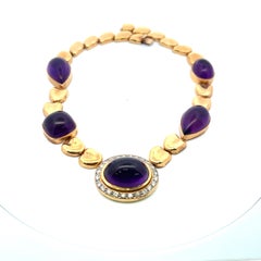 18K YG Statement Necklace with 1.55ct Old European Cut Diamonds 126ct Amethysts