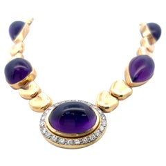 18K YG Statement Necklace with 1.55ct Old European Cut Diamonds 126ct Amethysts