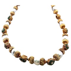 18K YG Station Necklace 1.1ct Round Diamonds 6ct Emeralds & 11.2-14.23mm Pearls
