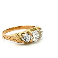 18K YG Three-Stone Ring with 1.57 Carat Old Miner Cut Diamonds Size 6.5 GIA
