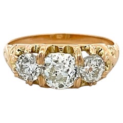 18K YG Three-Stone Ring with 1.57 Carat Old Miner Cut Diamonds Size 6.5 GIA