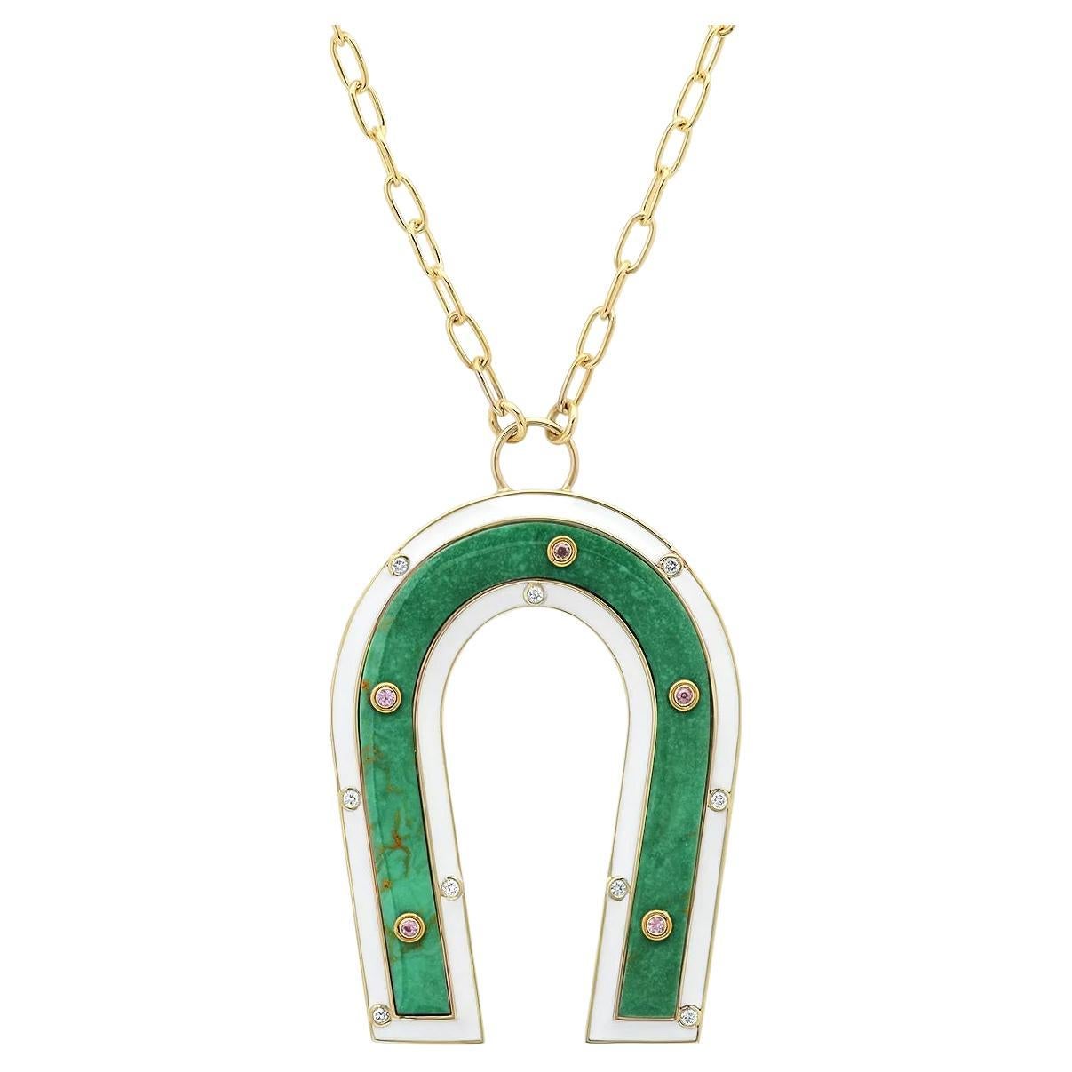 18K Yellow Gold, Turquoise, Enamel And Diamond Hoseshoe Necklace For Sale