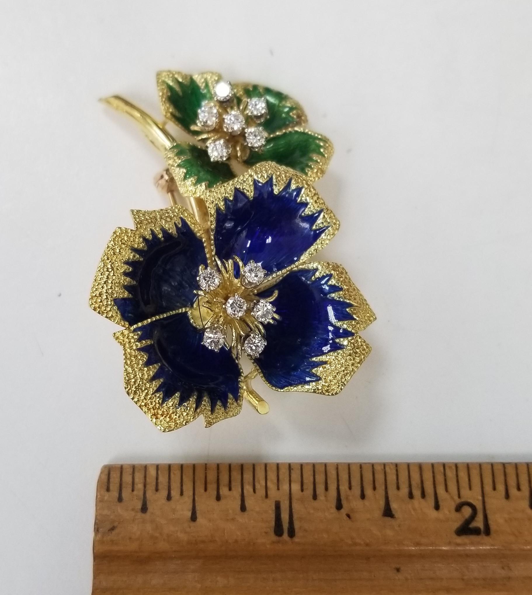 Artisan 18k Yg Vintage Flower Translucent Blue & Green Textured Enamel & Diamond Brooch For Sale