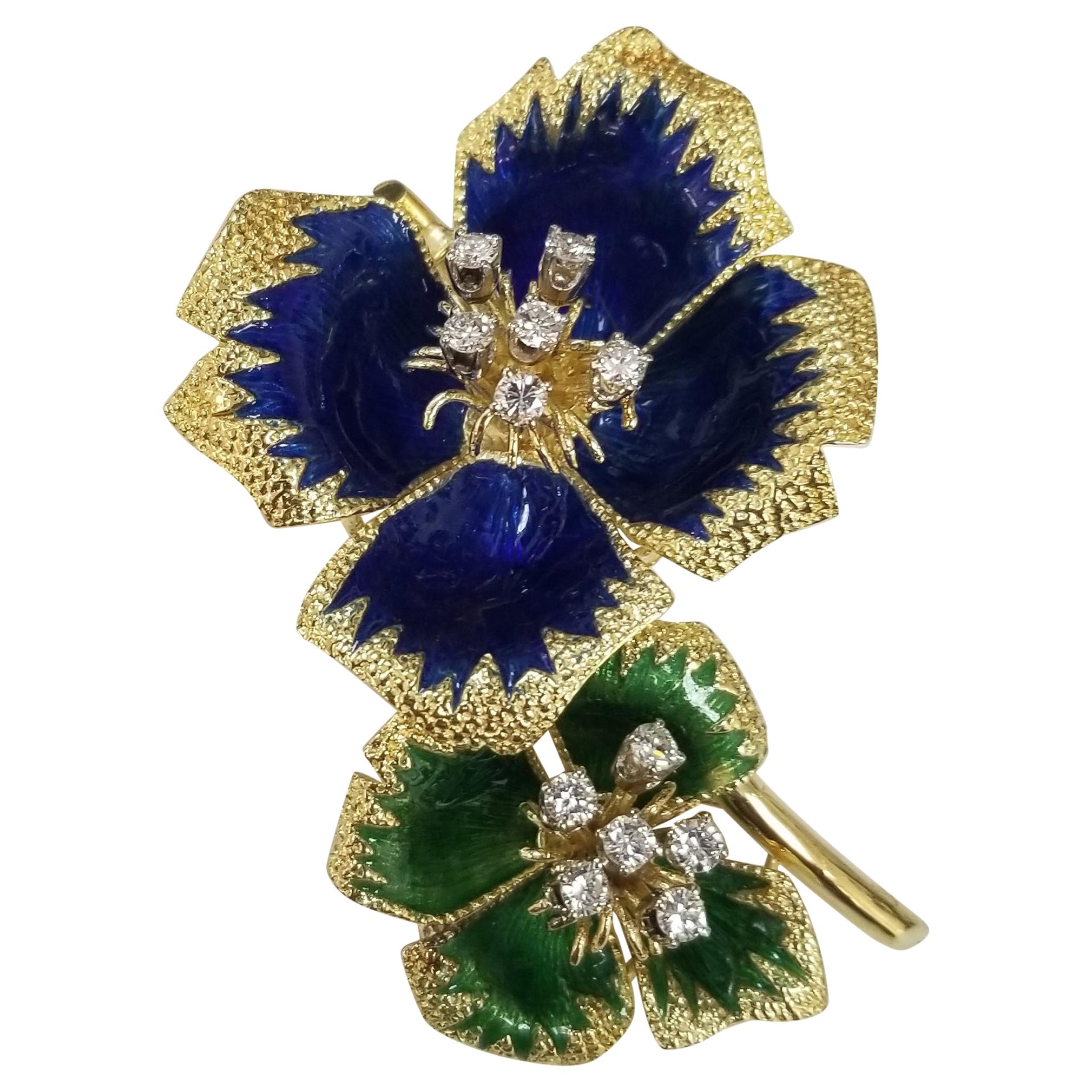 18k Yg Vintage Flower Translucent Blue & Green Textured Enamel & Diamond Brooch