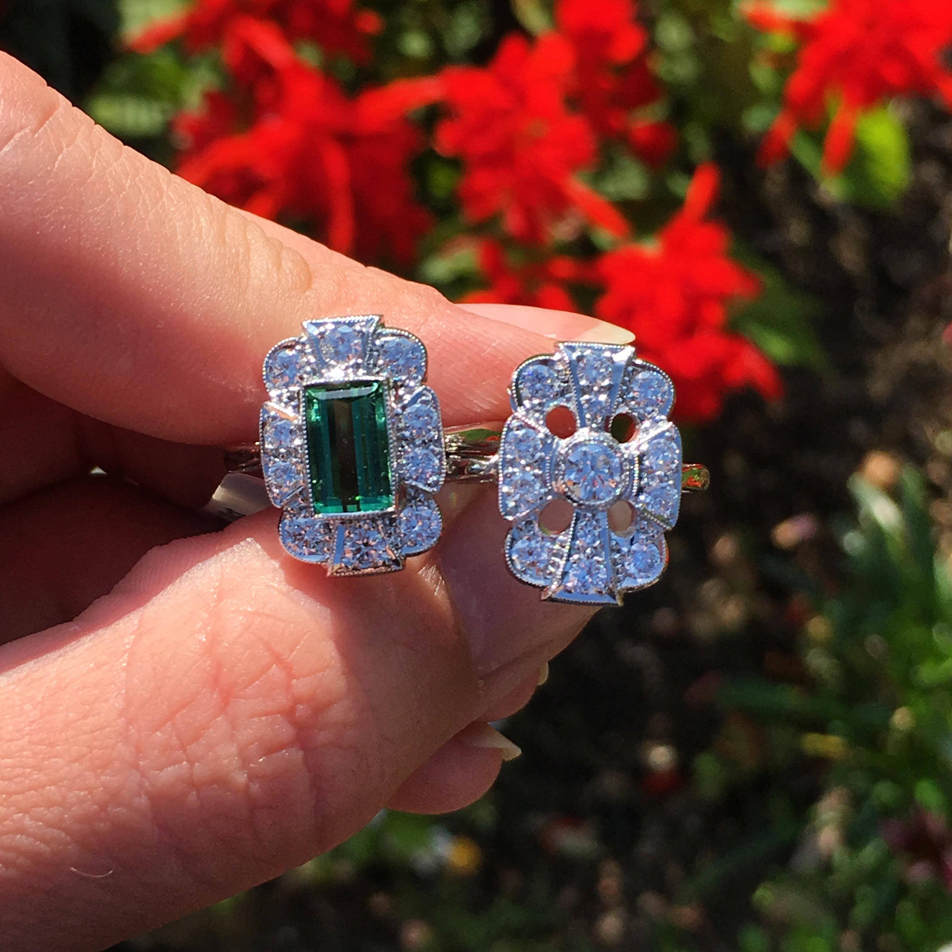 18Karat Gold Baguette Cut Green Tourmaline & Diamond Art Deco Style Cluster Ring 6