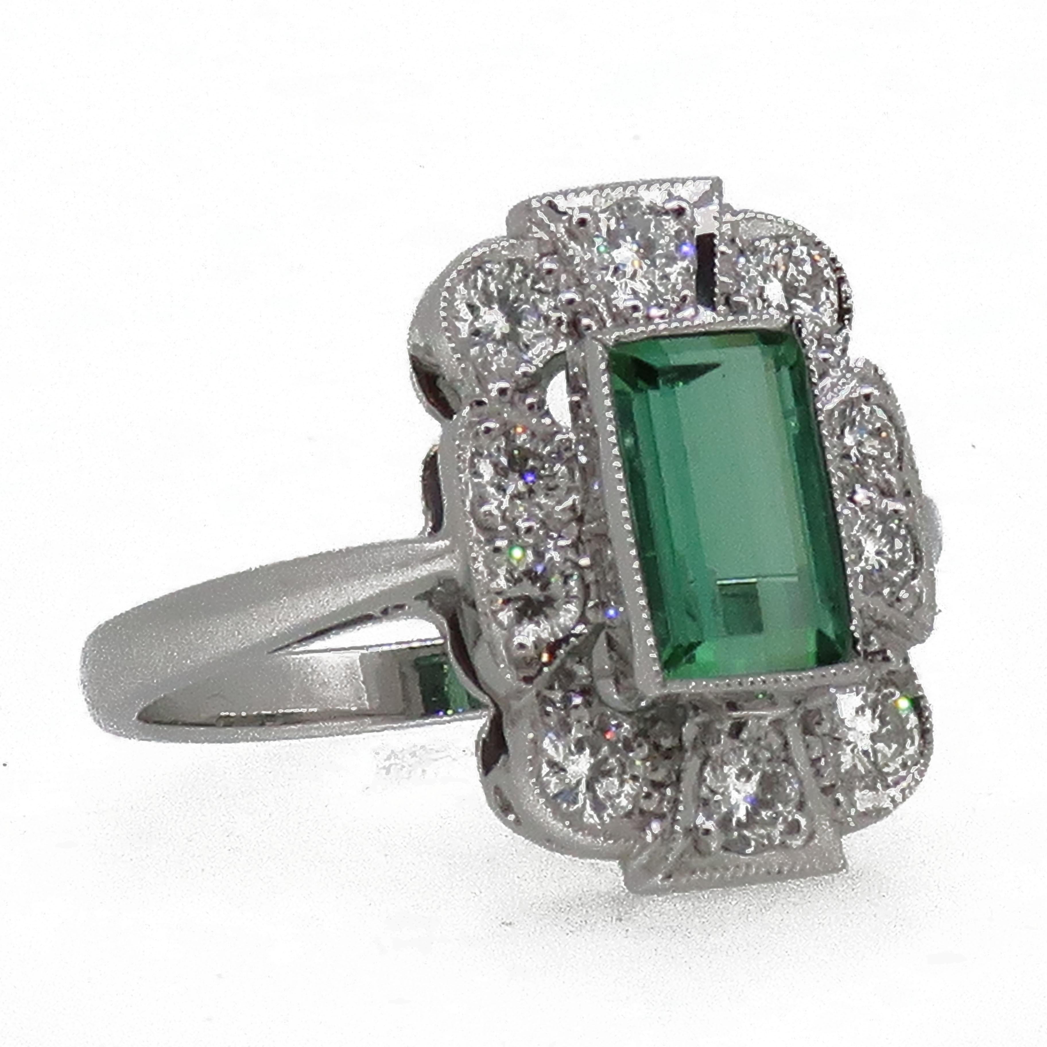 18Karat Gold Baguette Cut Green Tourmaline & Diamond Art Deco Style Cluster Ring 1