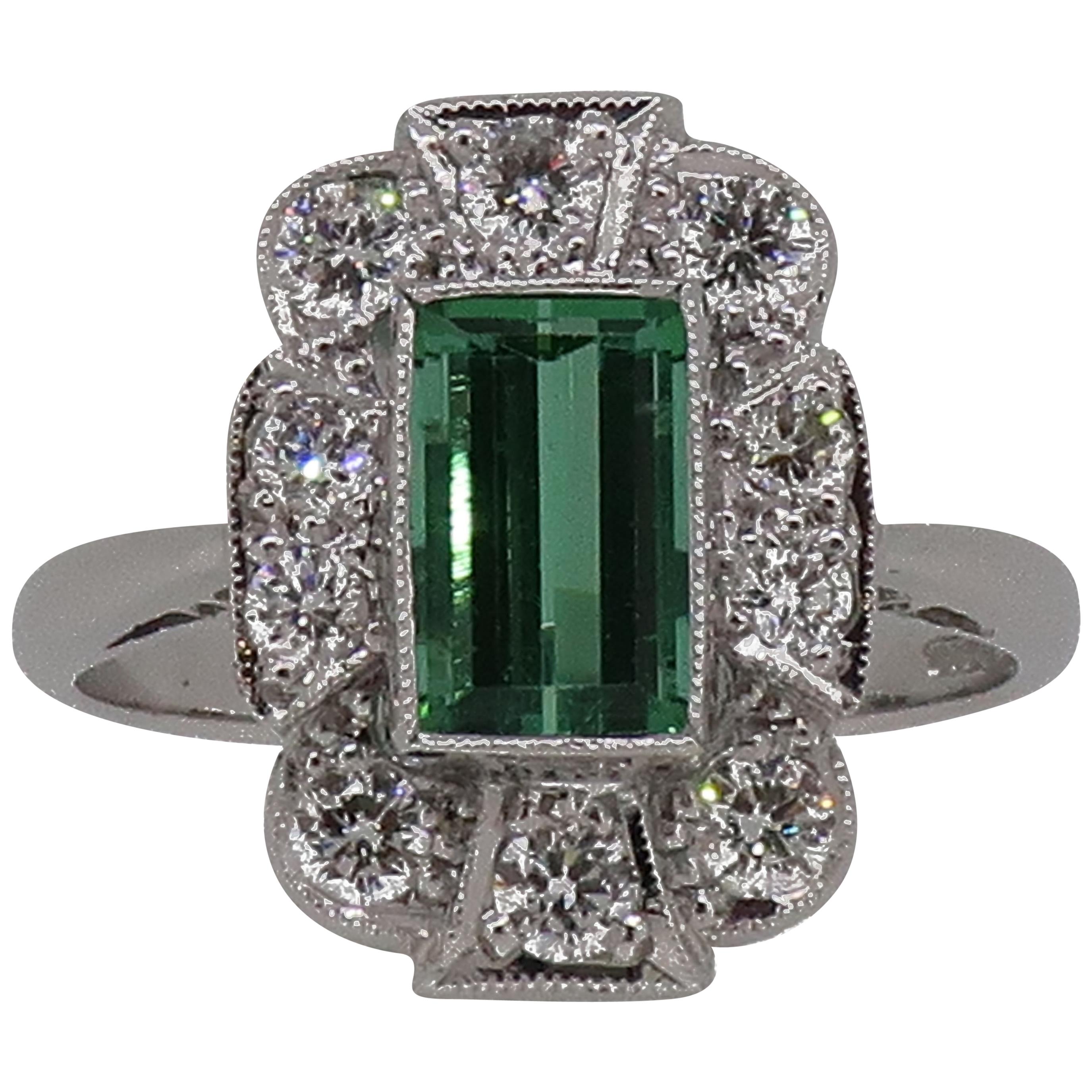18Karat Gold Baguette Cut Green Tourmaline & Diamond Art Deco Style Cluster Ring