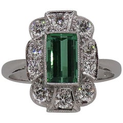 18Karat Gold Baguette Cut Green Tourmaline 
Diamond Art Deco Style Cluster Ring