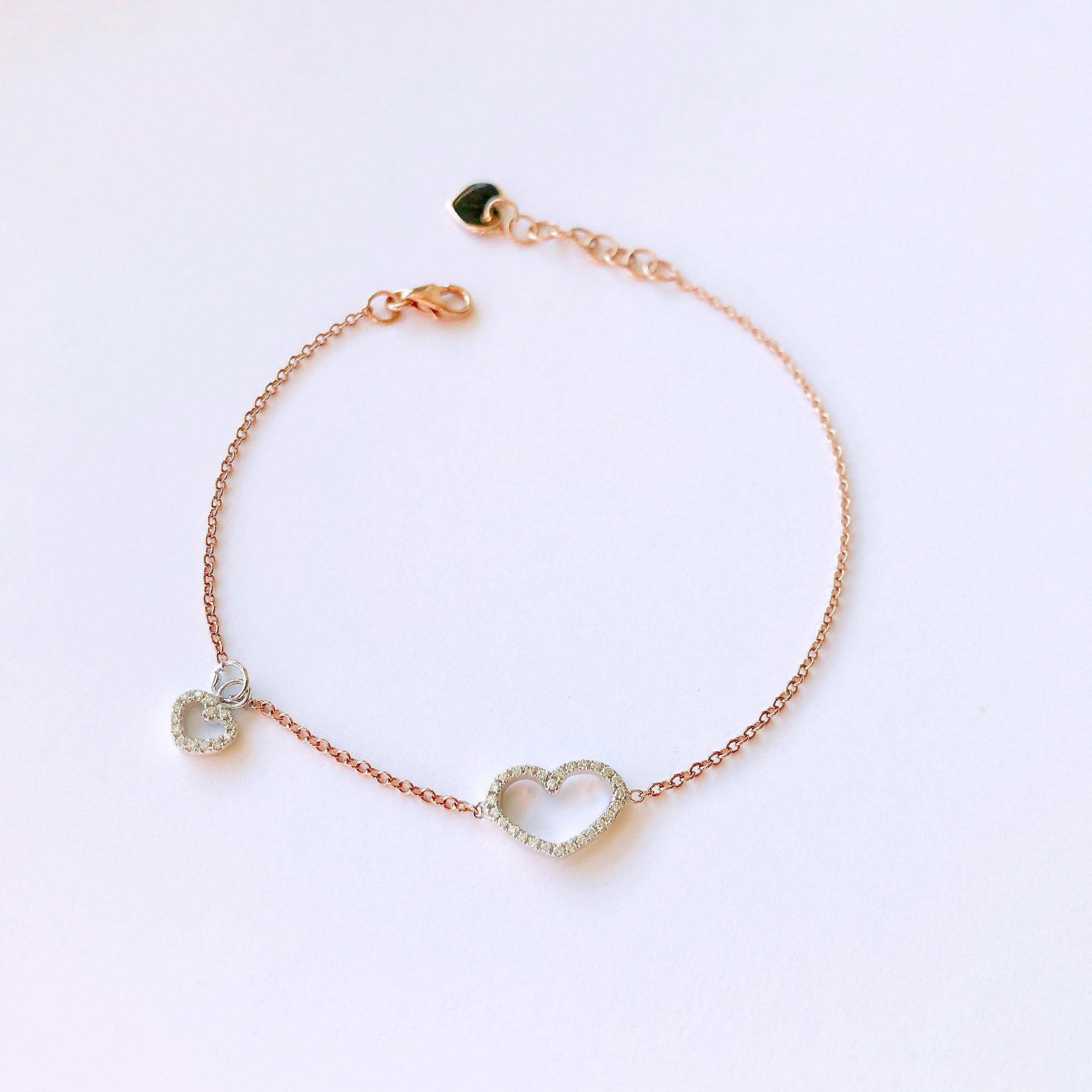 Contemporary 18 Karat Gold Charm Chain Diamond Heart Bracelet Bangle For Sale