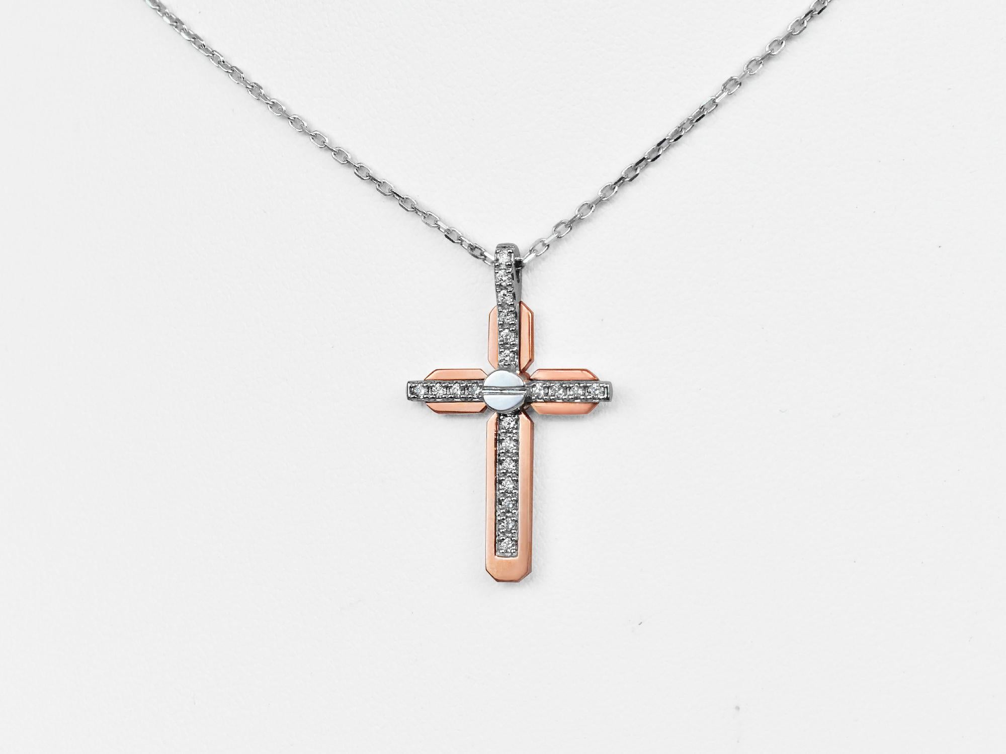 Contemporary 18 Karat Gold Cross Pendant Necklace Two Tone White Gold Rose Gold Diamond Pave For Sale