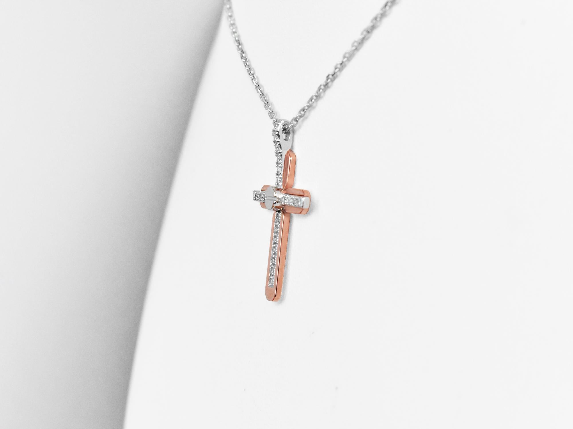 Round Cut 18 Karat Gold Cross Pendant Necklace Two Tone White Gold Rose Gold Diamond Pave For Sale