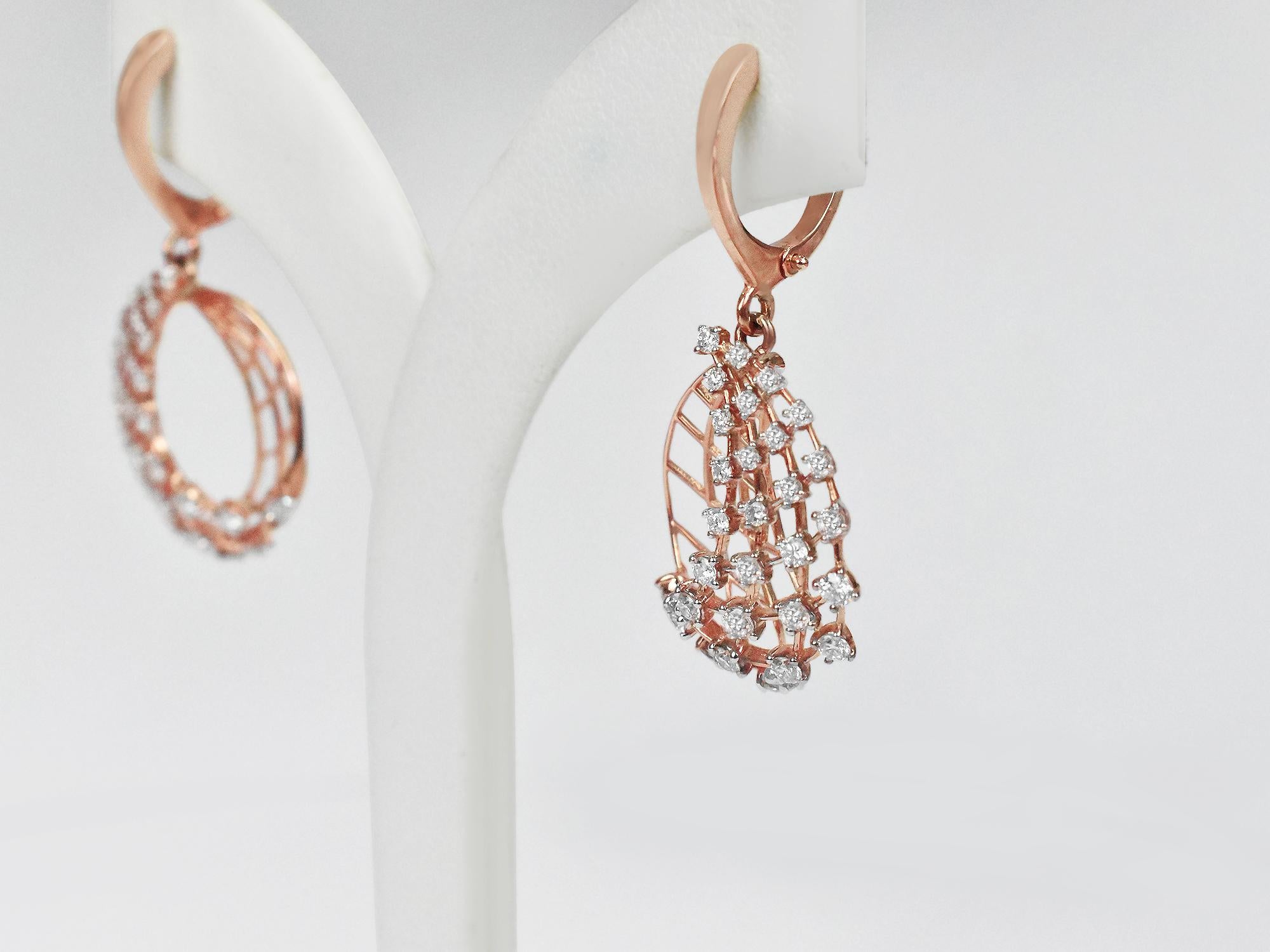 Women's 18karat Gold Dangle Earring Rose Gold Diamond Pave Fashion Earring For Sale