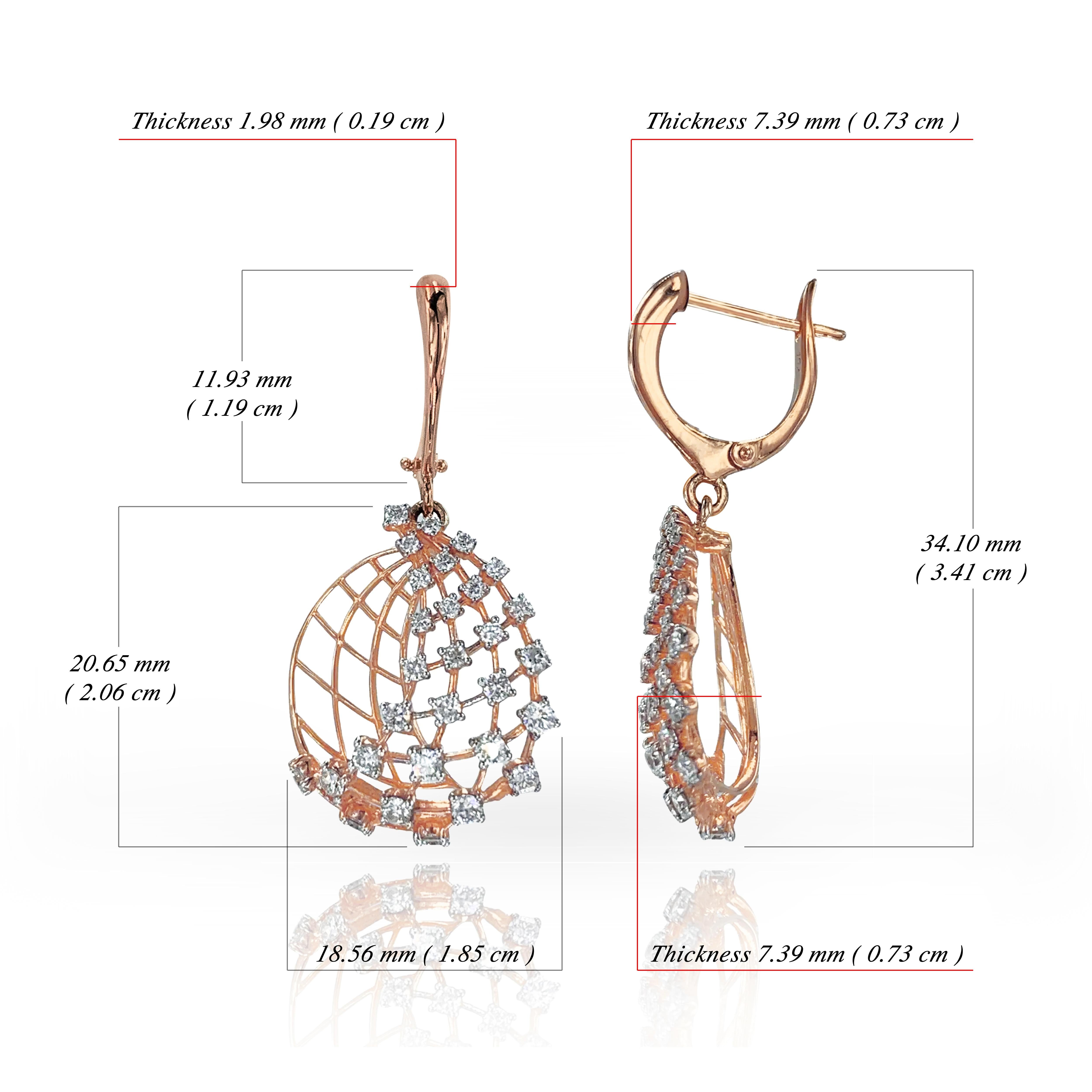 Boucle d'oreille pendante en or 18 carats Boucle d'oreille mode en or rose avec pavé de diamants en vente 1