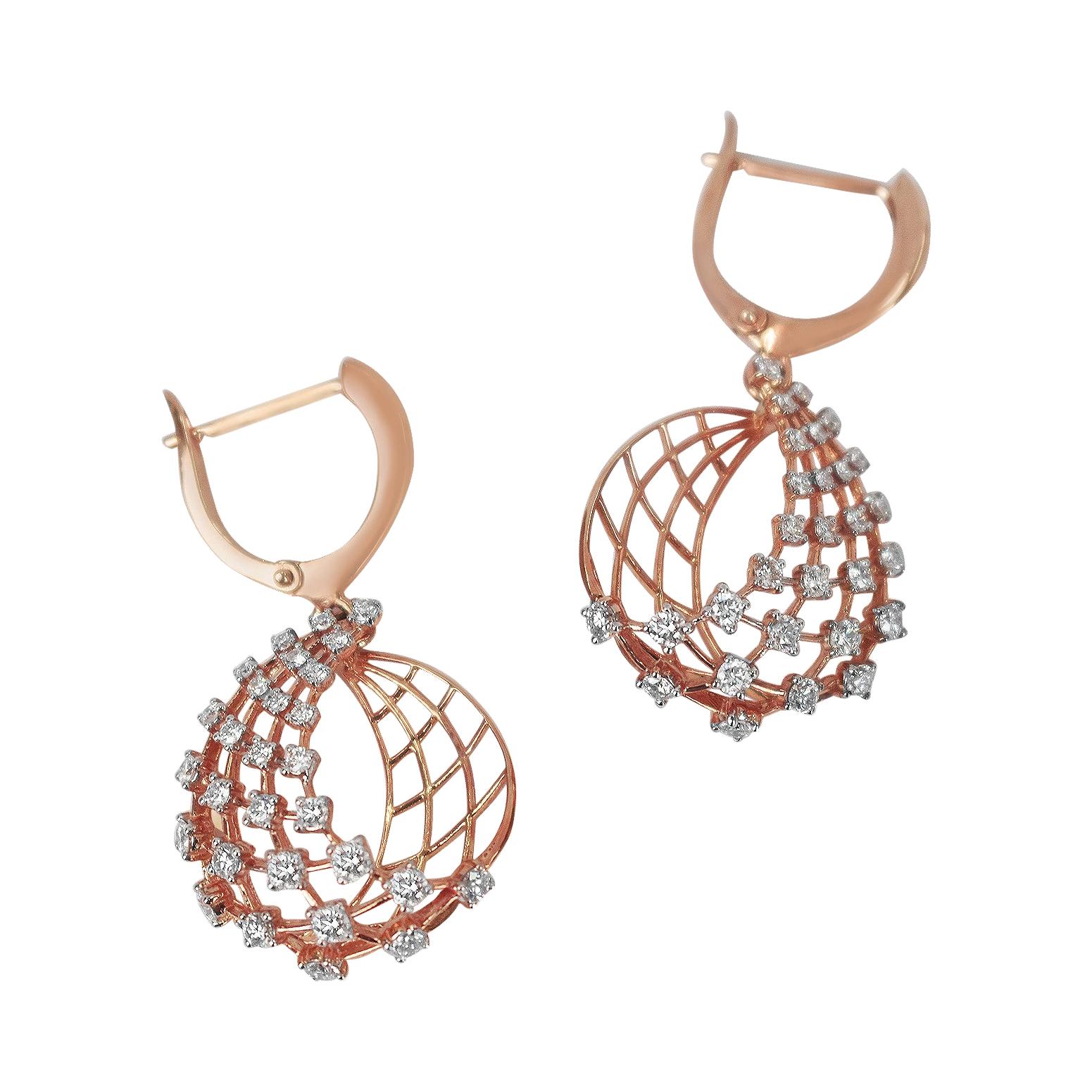 Art nouveau Boucle d'oreille pendante en or 18 carats Boucle d'oreille mode en or rose avec pavé de diamants en vente