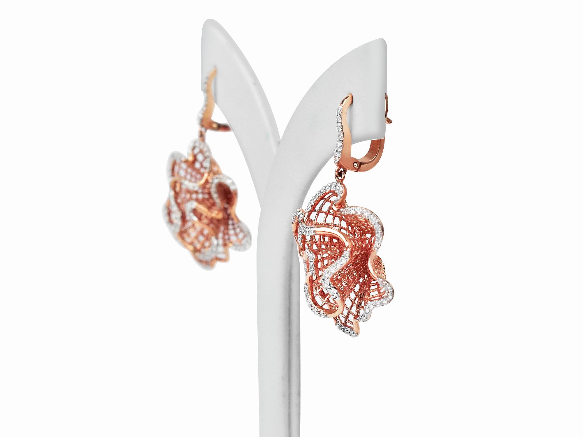 Art Nouveau 18 Karat Gold Dangle Earring Rose Gold Floral Diamond Fashion Earring For Sale