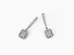 18 Karat Gold Dangle Earring White Gold Baguette Emerald Cut Illusion Diamond