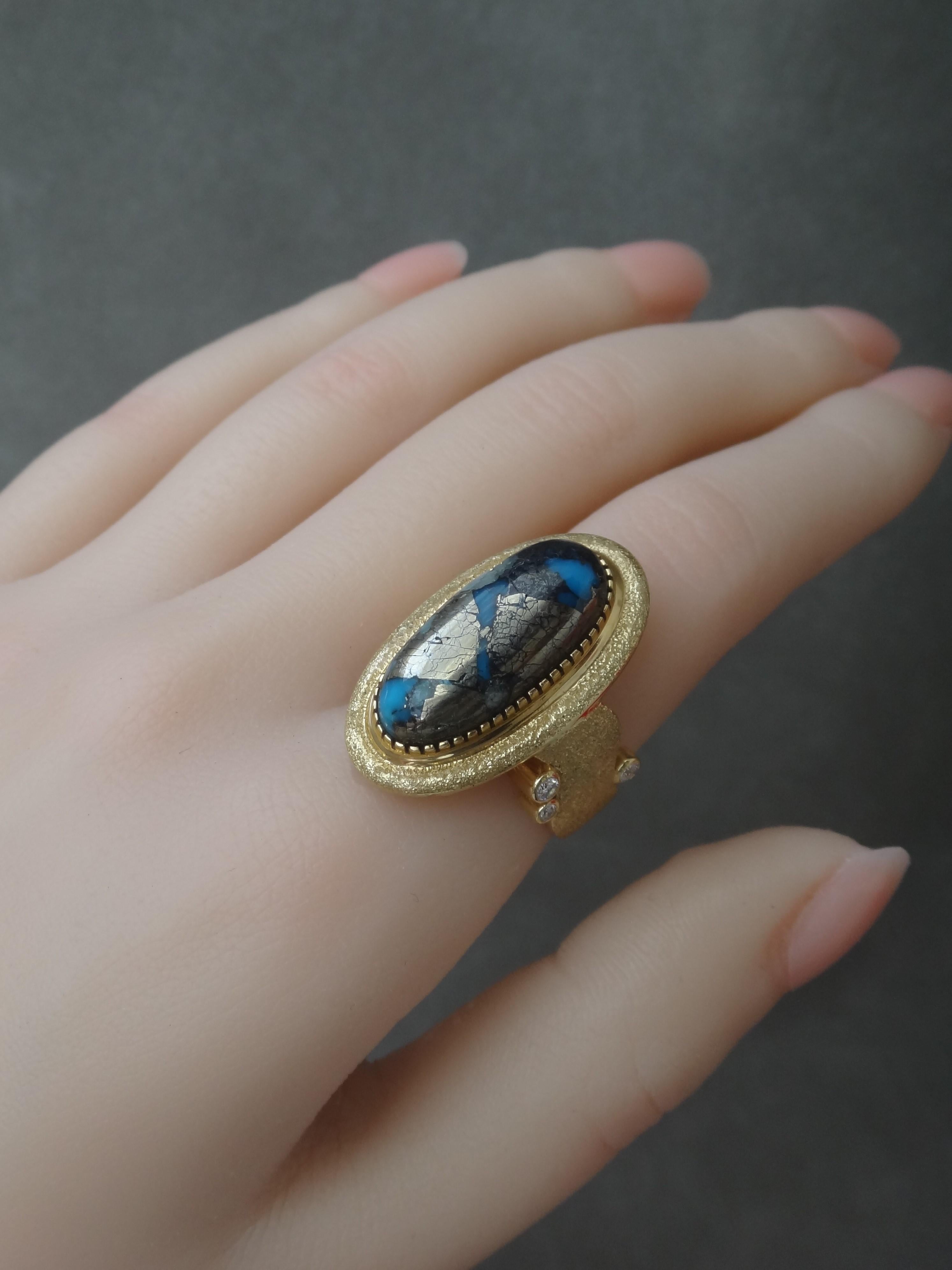 18Karat Gold Diamond And Natural Kingman Ithaca Turquoise Ring For Sale 2
