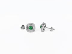 18 Karat Gold Earring White Gold Round Emerald Double Hallo Diamond Post Earring
