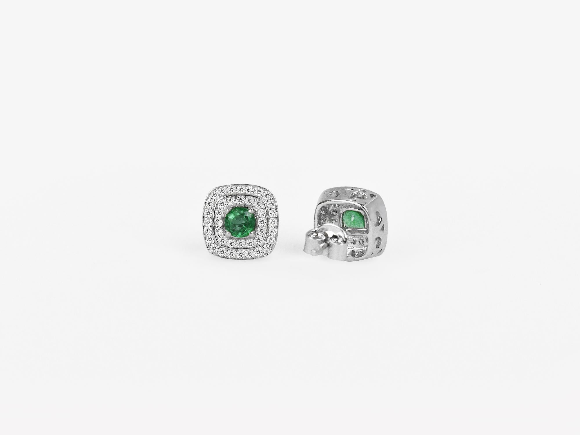 Art Deco 18 Karat Gold Earring White Gold Round Emerald Double Hallo Diamond Post Earring For Sale