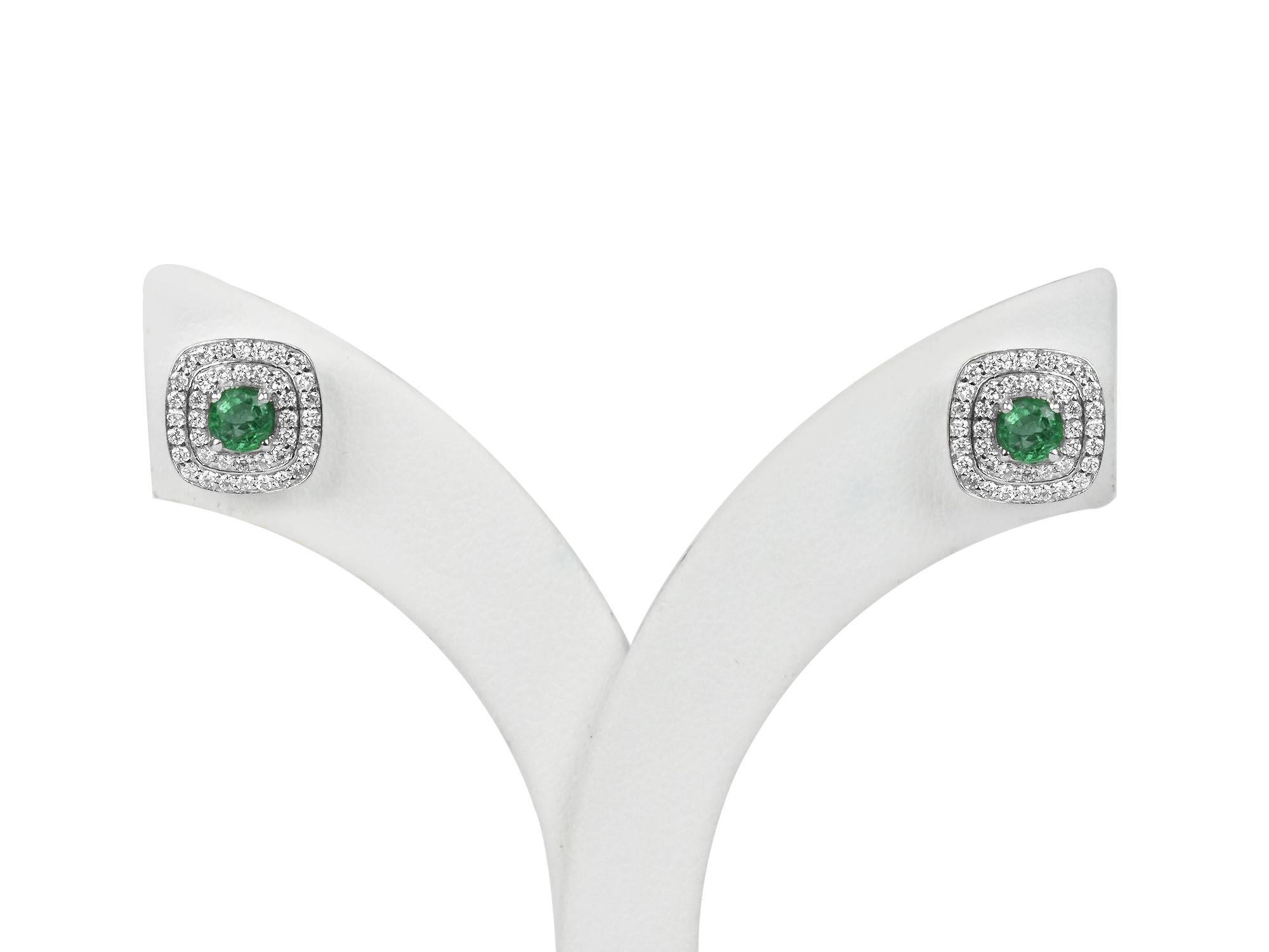 Round Cut 18 Karat Gold Earring White Gold Round Emerald Double Hallo Diamond Post Earring For Sale