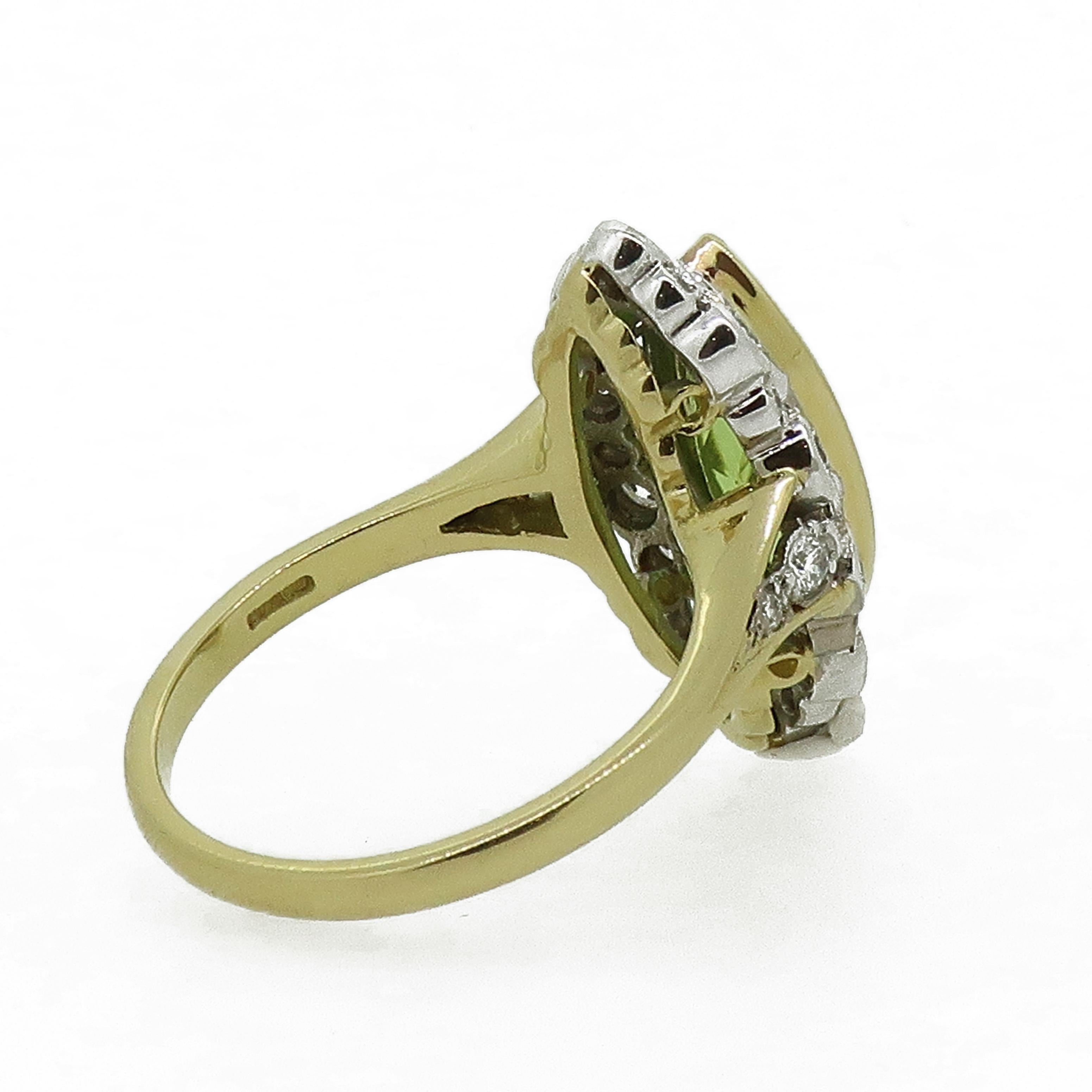 Marquise Cut 18Karat Gold Marquise Navvette Cut Peridot & Diamond Art Deco Style Cluster Ring For Sale