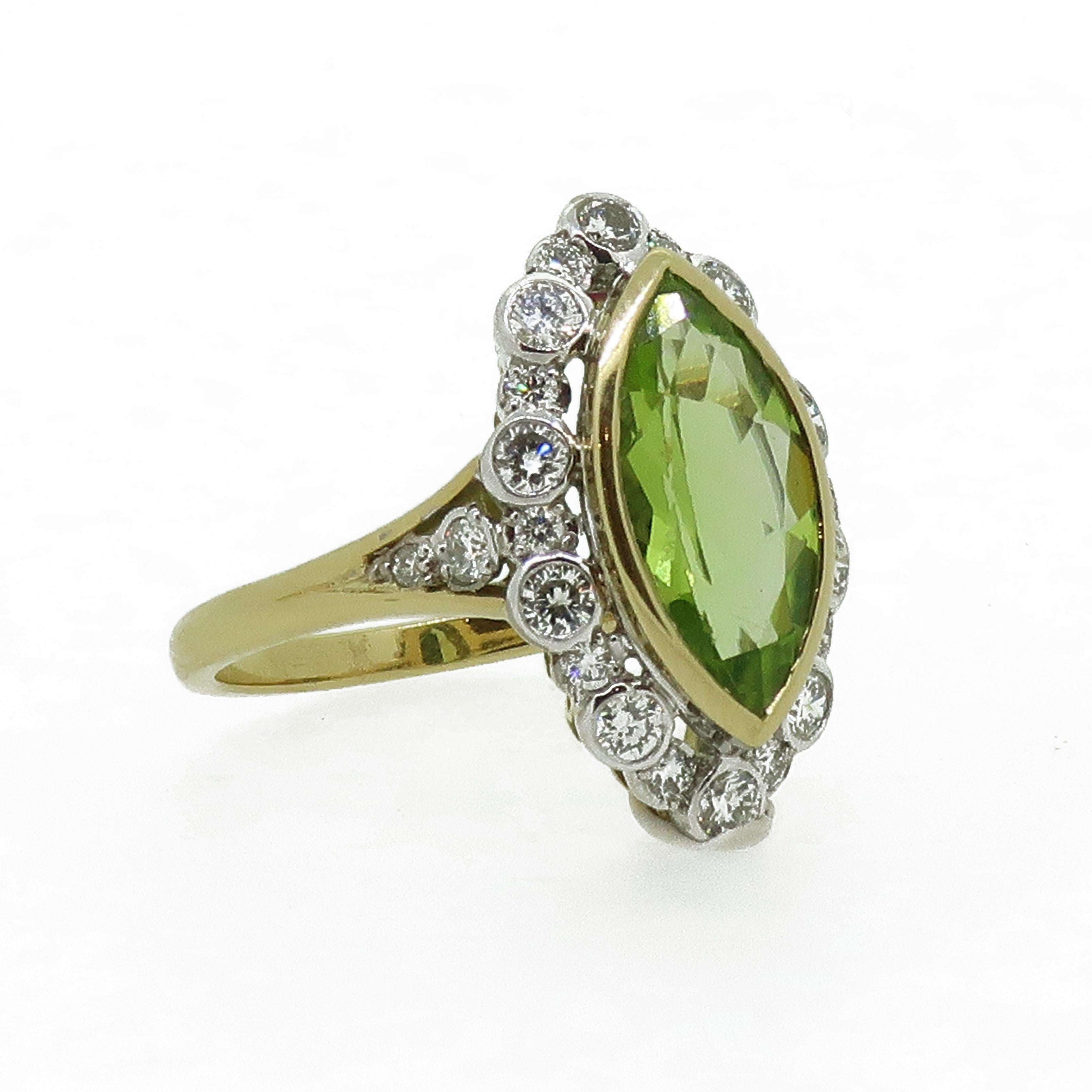 18Karat Gold Marquise Navvette Cut Peridot & Diamond Art Deco Style Cluster Ring In New Condition For Sale In East Grinstead, GB