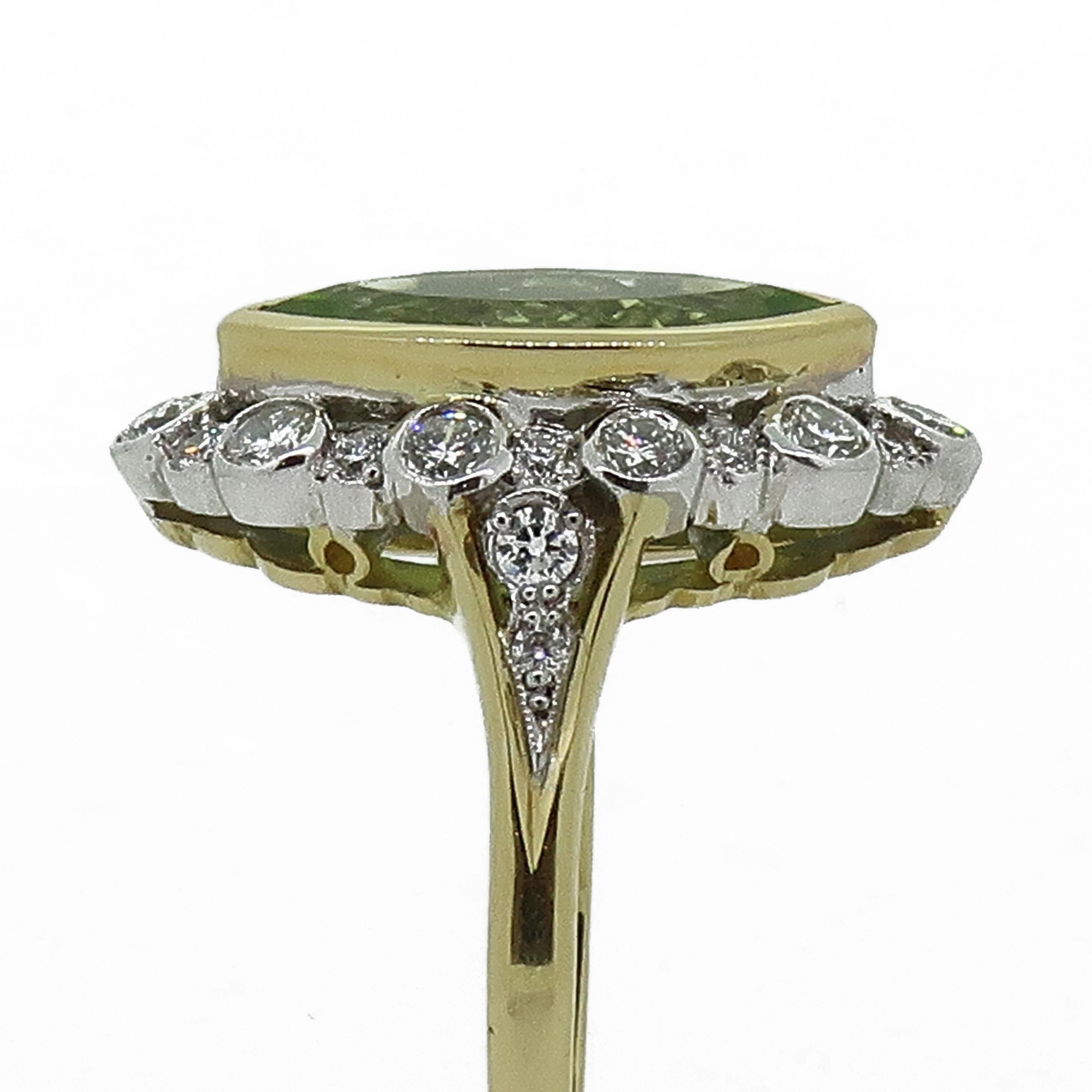 Women's 18Karat Gold Marquise Navvette Cut Peridot & Diamond Art Deco Style Cluster Ring For Sale