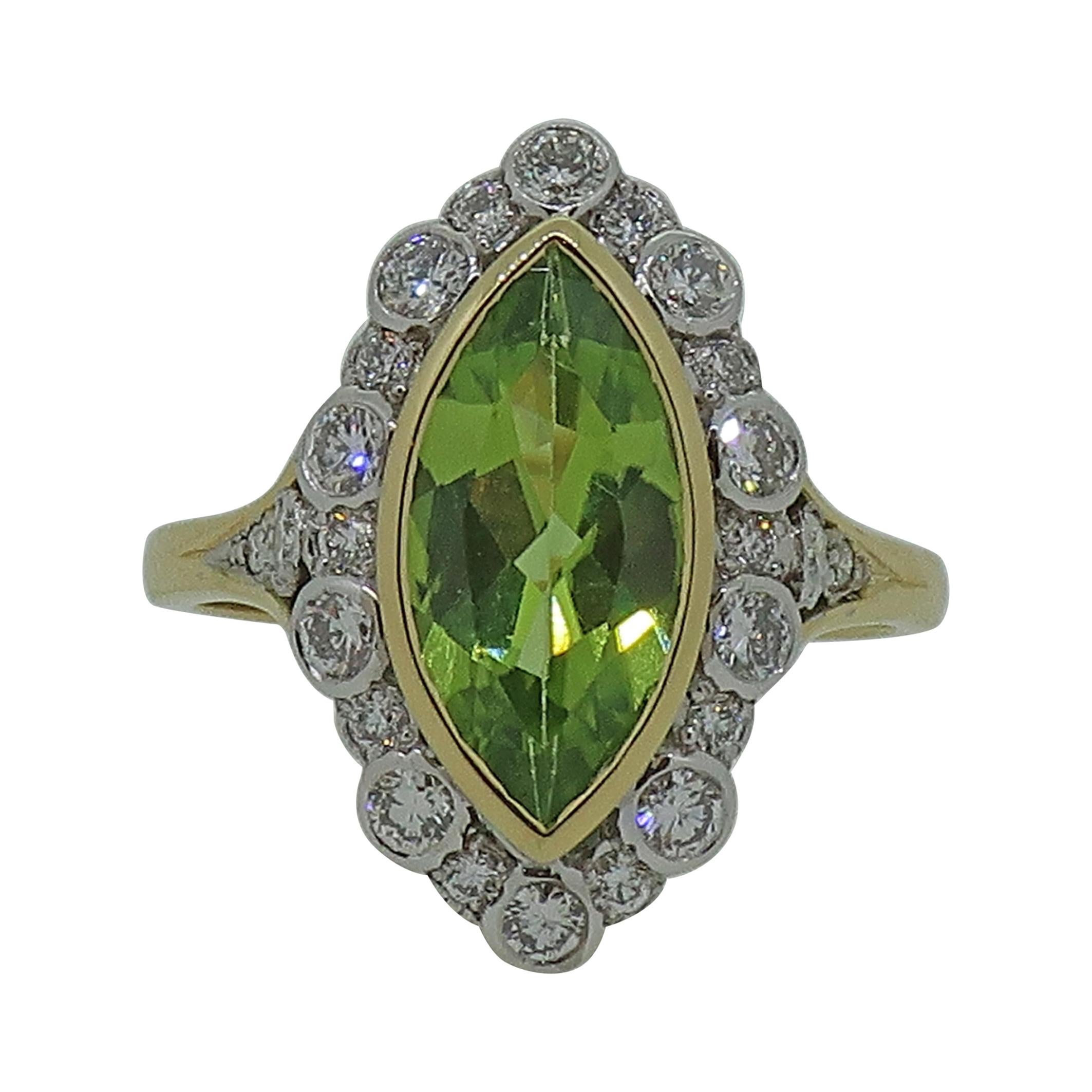 18Karat Gold Marquise Navvette Cut Peridot & Diamond Art Deco Style Cluster Ring For Sale