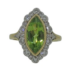 18Karat Gold Marquise Navvette Cut Peridot & Diamond Art Deco Style Cluster Ring