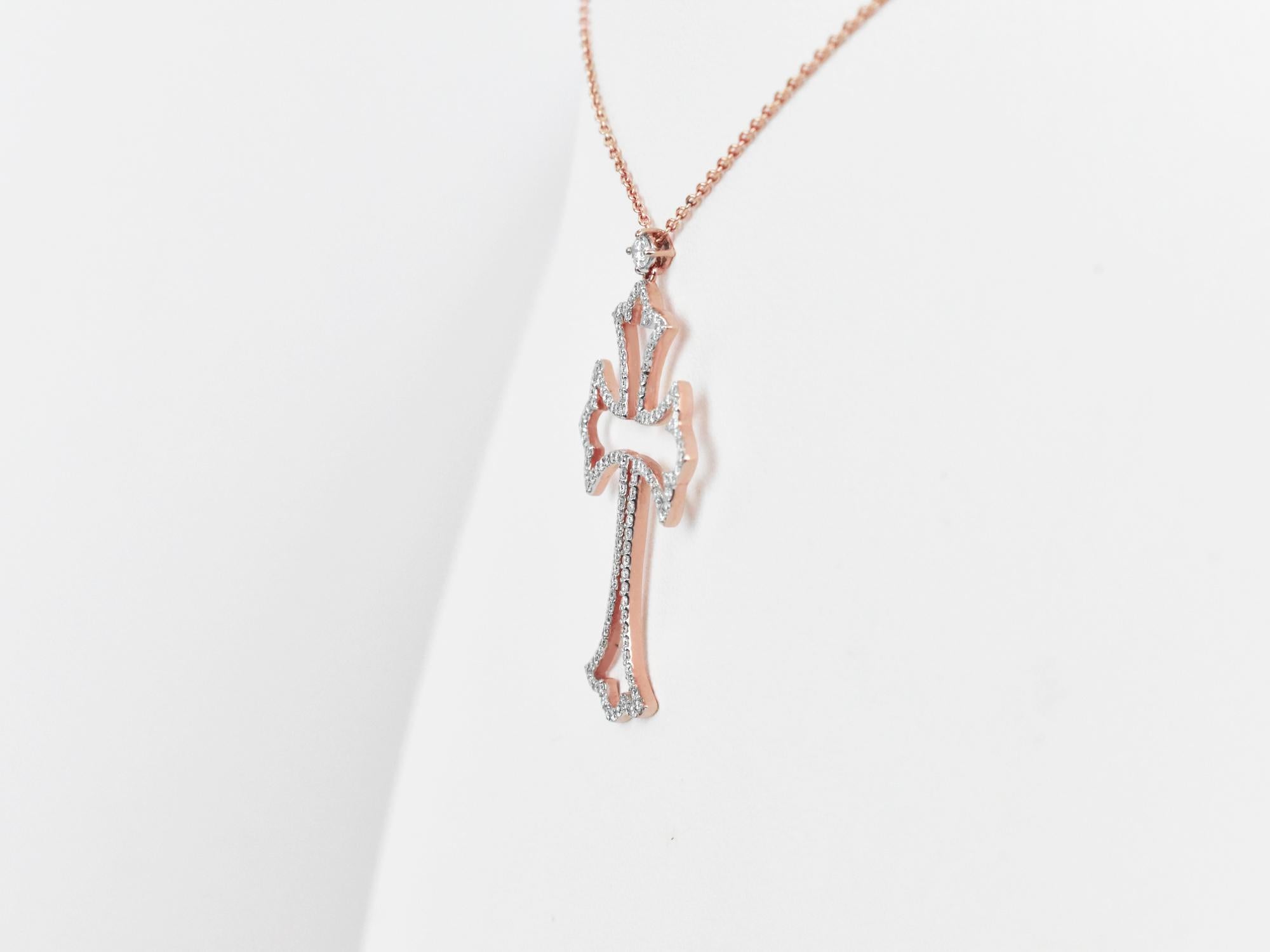 Contemporary 18k Gold Pendant Necklace Rose Gold Cross Diamond Pave For Sale