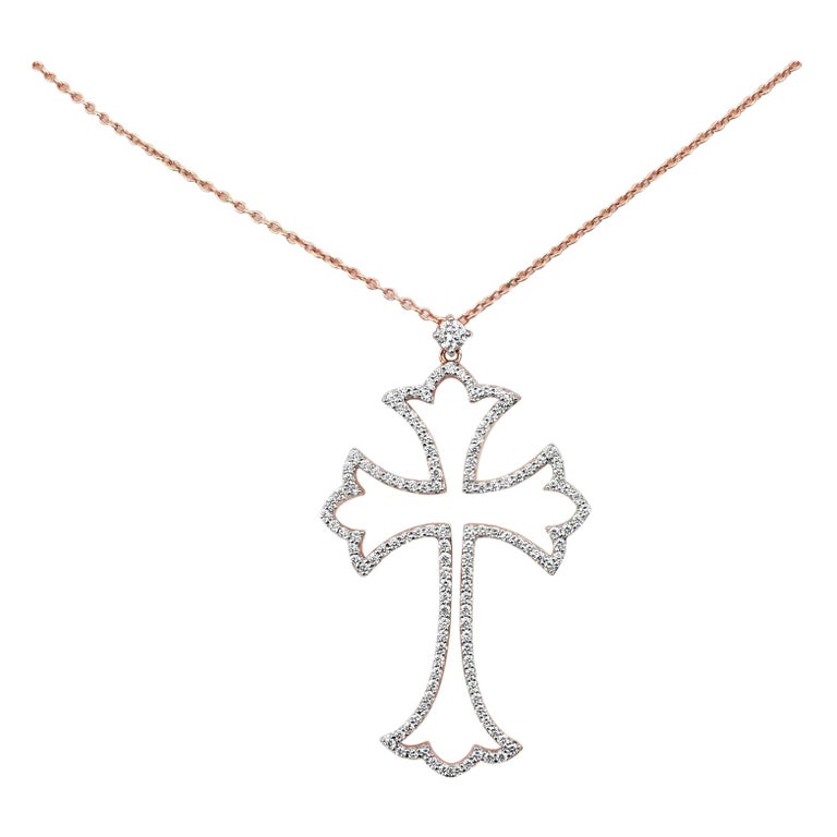 18k Gold Pendant Necklace Rose Gold Cross Diamond Pave For Sale at 1stDibs