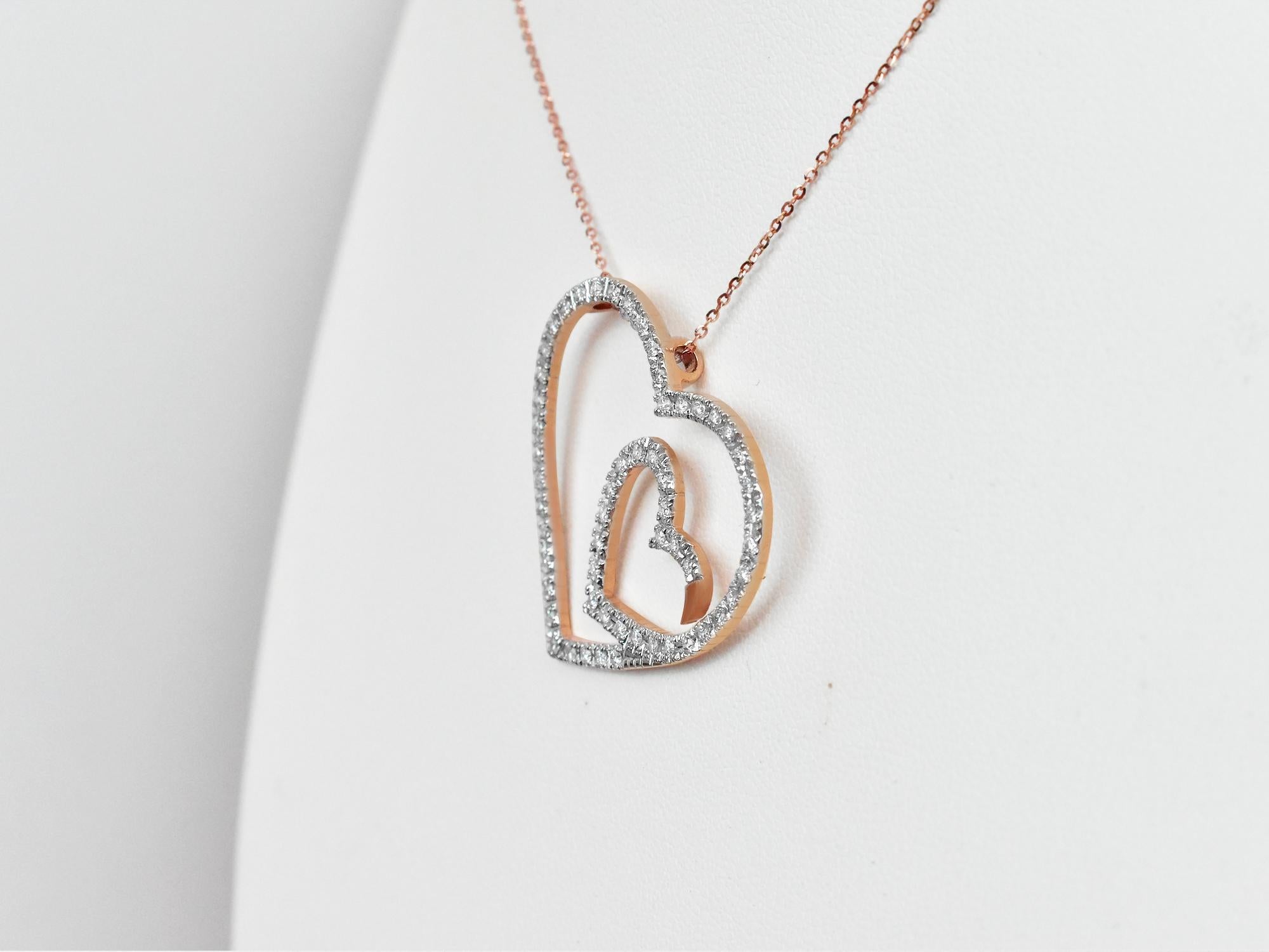 Art Deco 18k Gold Pendant Necklace Rose Gold Diamond Pave Heart Shape For Sale