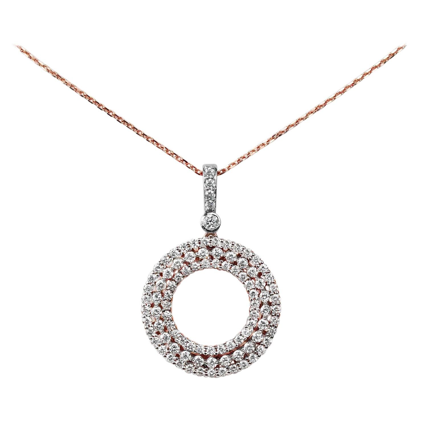 18Karat Gold Pendant Necklace Two-Tone White Gold Rose Gold Diamond Pave Circle Pendant Necklace
           This 18K solid 2 tone gold, rose/white gold circle pendant is made with spectacular round diamonds, clasped within a fine multi halo of pavé