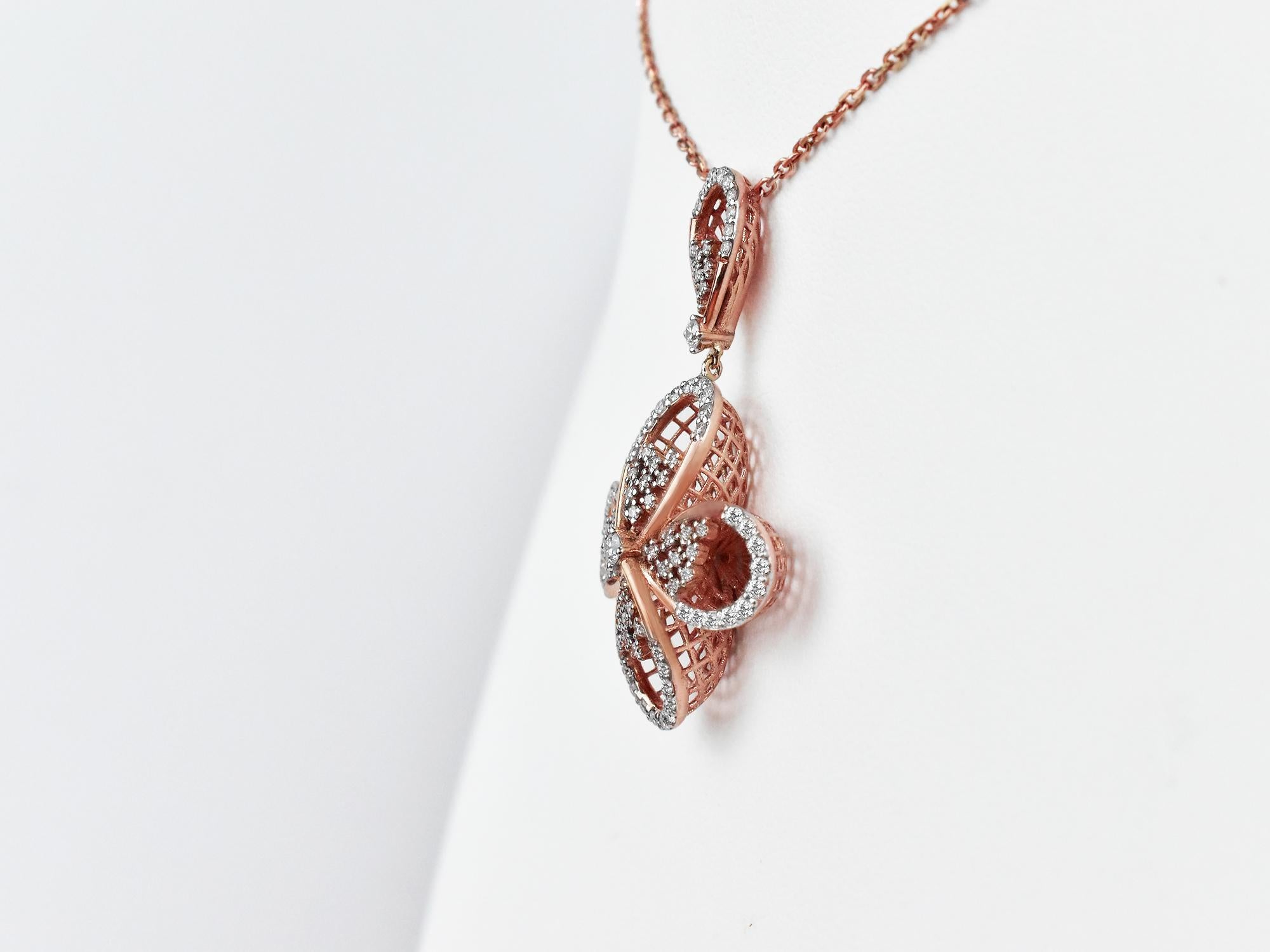 Art Nouveau 18karat Gold Pendant Necklace Two Tone White Gold Rose Gold Diamond Pave Dangle For Sale