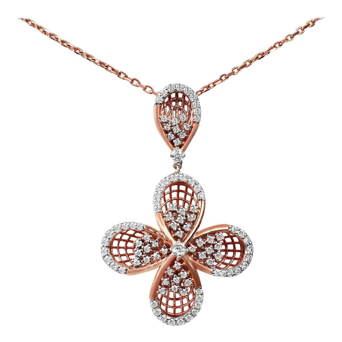 18karat Gold Pendant Necklace Two Tone White Gold Rose Gold Diamond Pave Dangle