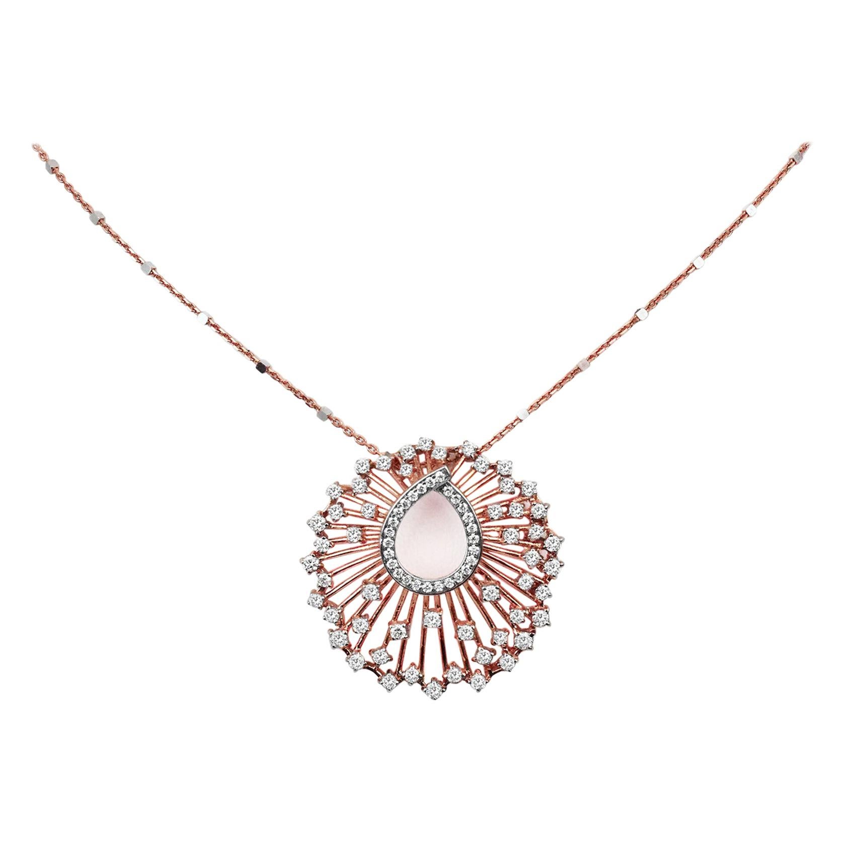18Karat Gold Pendant Necklace Two-Tone White Gold Rose Gold Diamond Pave Fashion Pendant Necklace
             A fashion Art Nouveau open textured pendant necklace meticulously crafted to mesmerize. Each part of this art piece shows the passion for