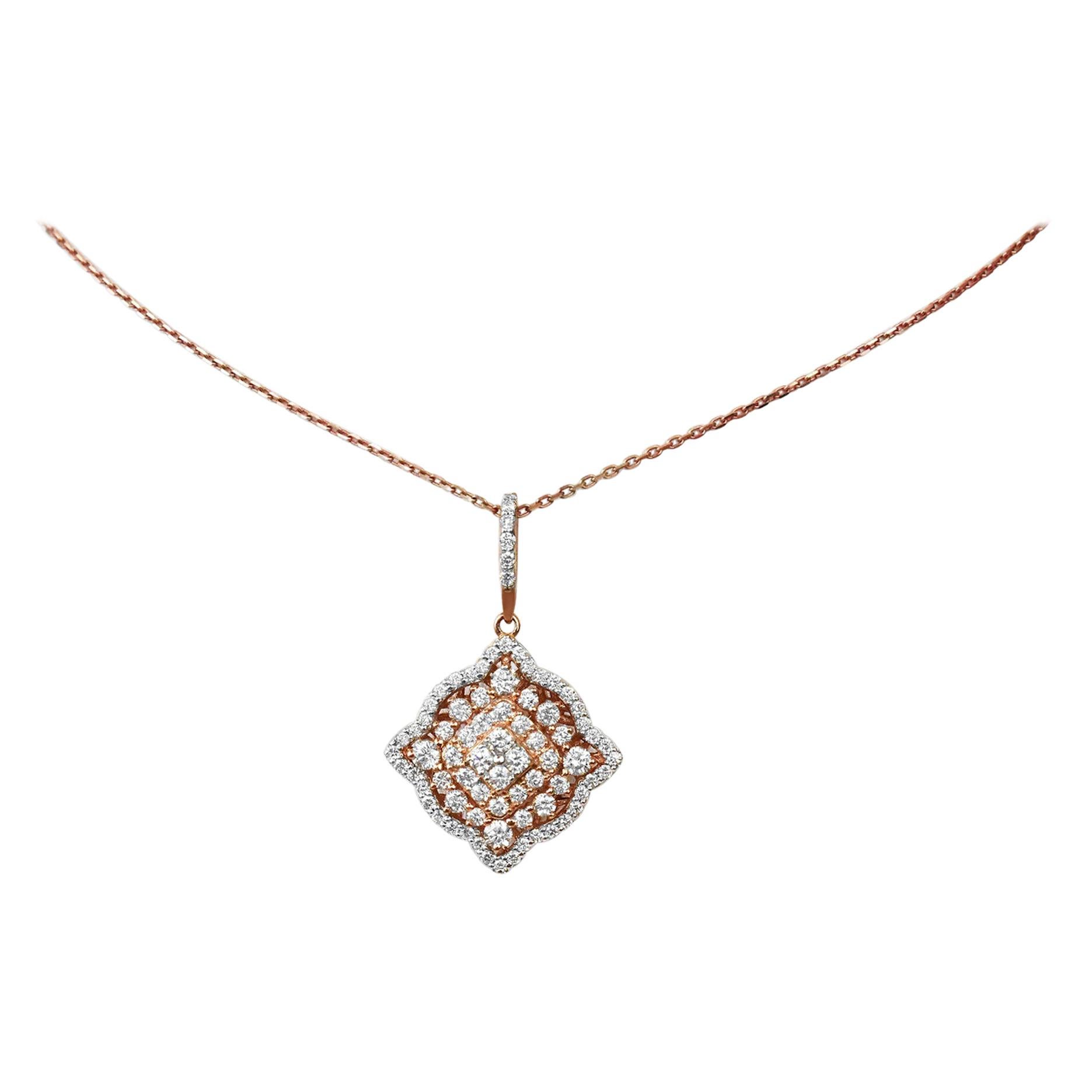 18Karat Gold Pendant Necklace Two-Tone White Gold Rose Gold Diamond Pave Fashion Pendant Necklace
             A fashion Art Nouveau pendant necklace is fully paved with brilliant-cut diamonds set in stunning 18K 2 tone gold, Rose gold/white gold.