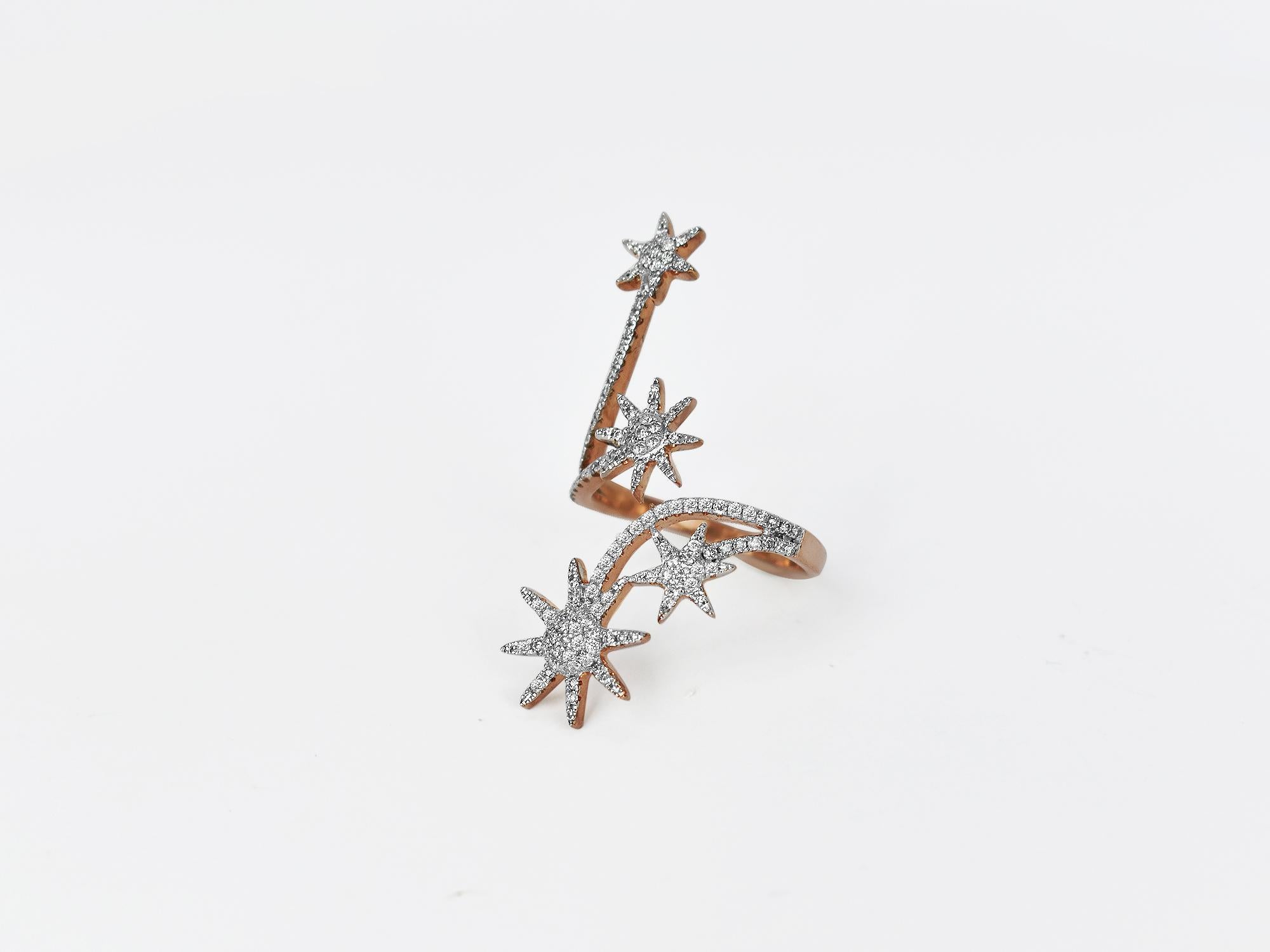             A fashion Art Nouveau starburst ring meticulously crafted to mesmerize. Each part of this art piece shows the passion for jewelry from Oshi Jewels Designs Inc.     
           Sculptural arrangements of small diamonds are designed to