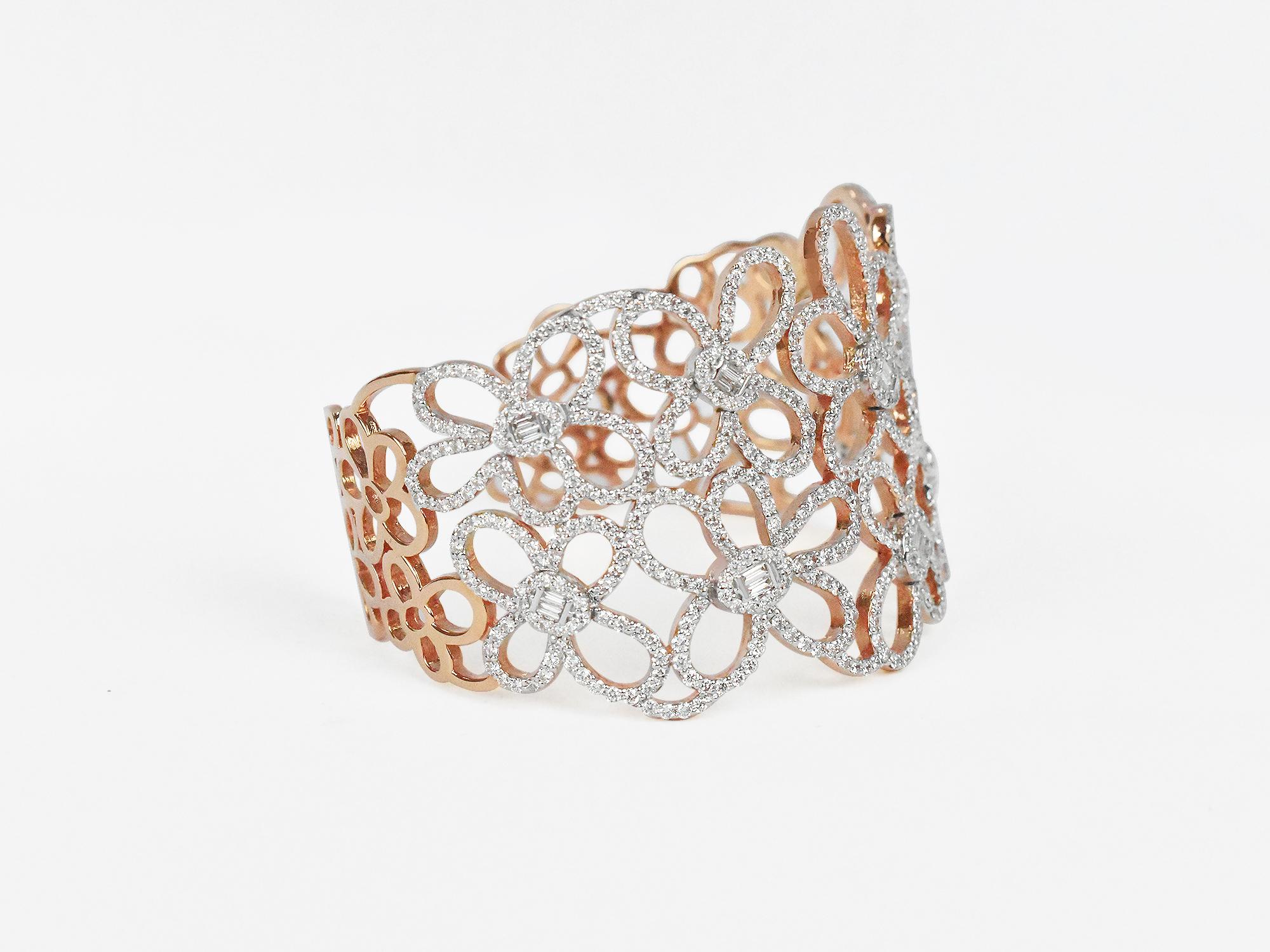 18Karat Gold Rose Gold Diamonds Pave Fashion Open Cuff Bangle Bracelet
             This 18K solid Rose Gold is an open cuff bangle. A strong distinctive architectural piece of jewelry for years, decades & generations to wear this piece. Created by