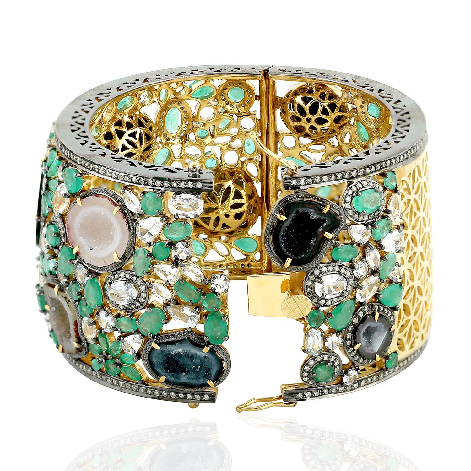 Contemporary 18Karat Gold Silver Diamond Geode Sapphire 19.52 Ct Emerald Cuff Bangle Bracelet